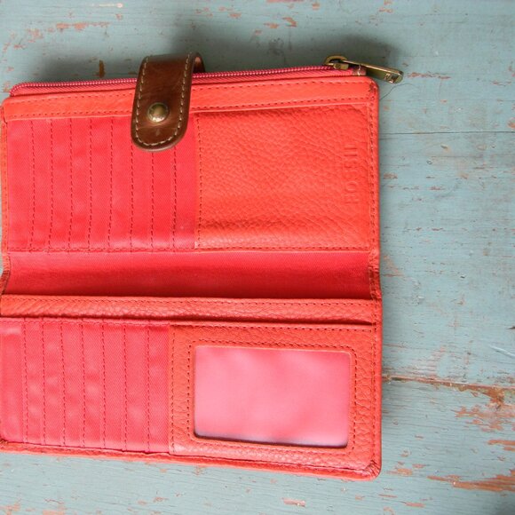 Fossil Keely Tab Clutch Wallet Coral/BROWN LEATHER LARGE - Picture 7 of 9